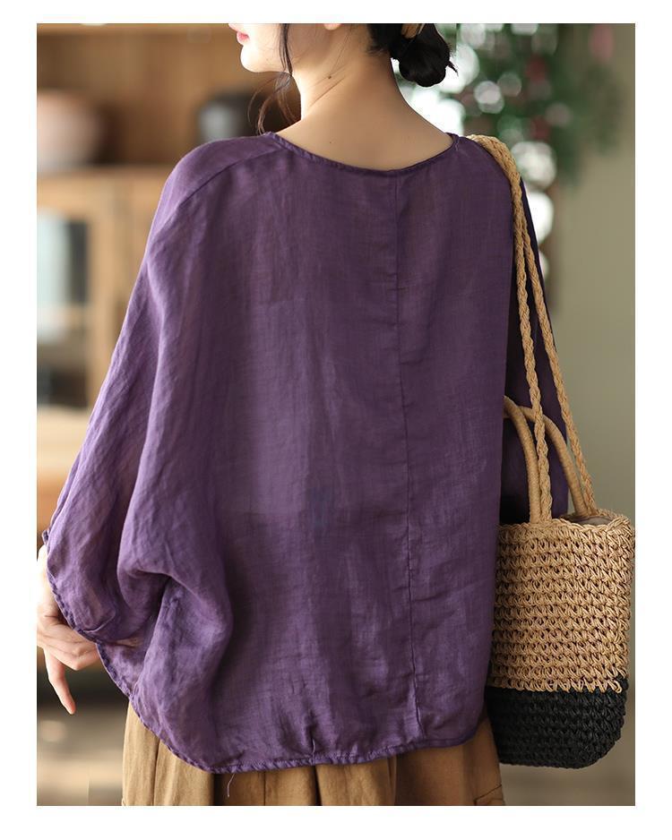 Spring/Summer 2026 Solid Color Seven-Sleeve Cotton Linen Top - Chic, Versatile, Age-Reducing Women's Fashion.