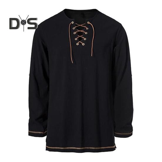 

Мужская винтажная футболка на шнуровке с длинным рукавом и воротником Генри, однотонная футболка на весну и осень для повседневной носки, выступлений и косплея S чёрный