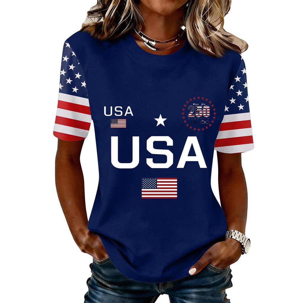 Blusa Feminina da Moda Casual de Manga Curta com Estampa e Gola Redonda