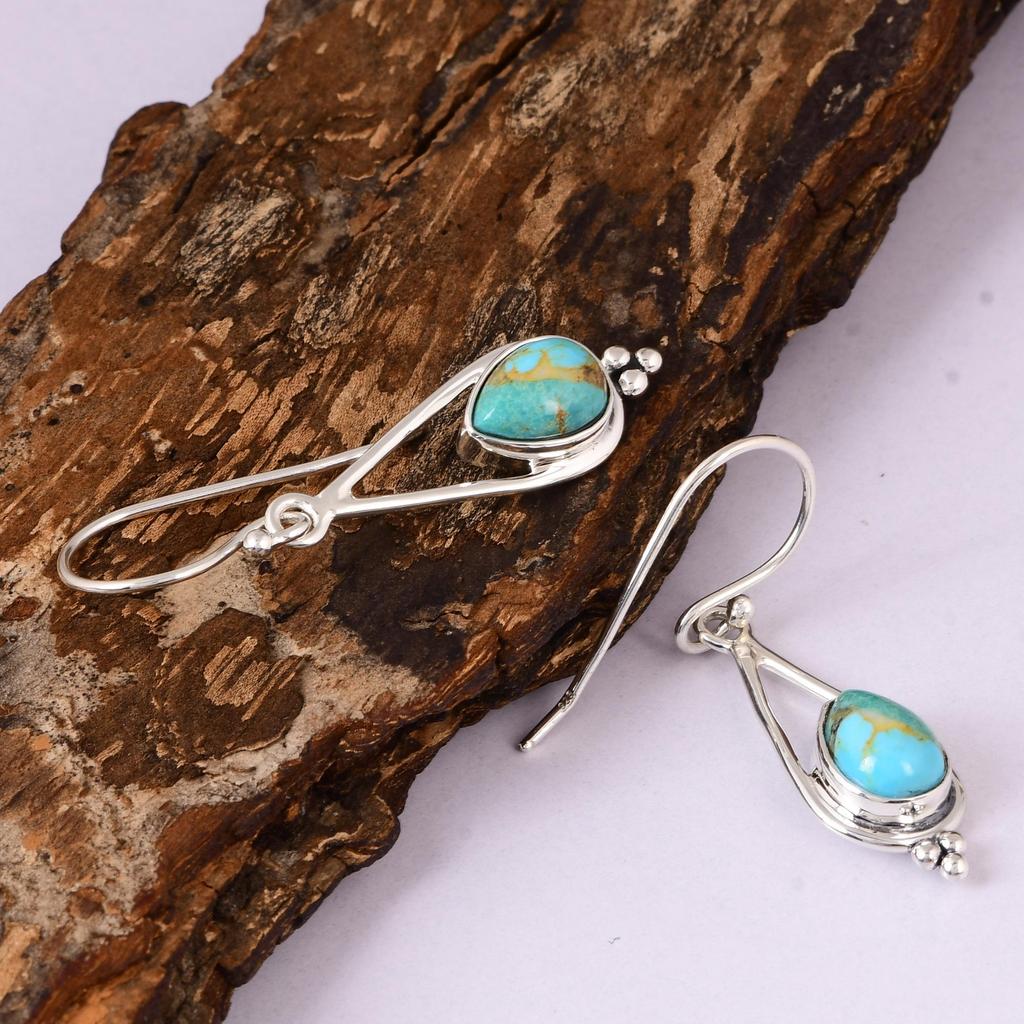Natural Turquoise Drop Earrings 925 Silver, Pear Shape Turquoise Earrings, Handmade Gemstone Jewelry.