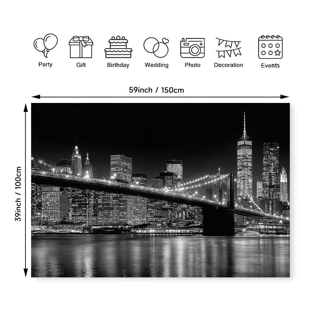 2D plan, 1 New York City skyline and Brooklyn Bridge wall sticker - Black and white New York night scene background