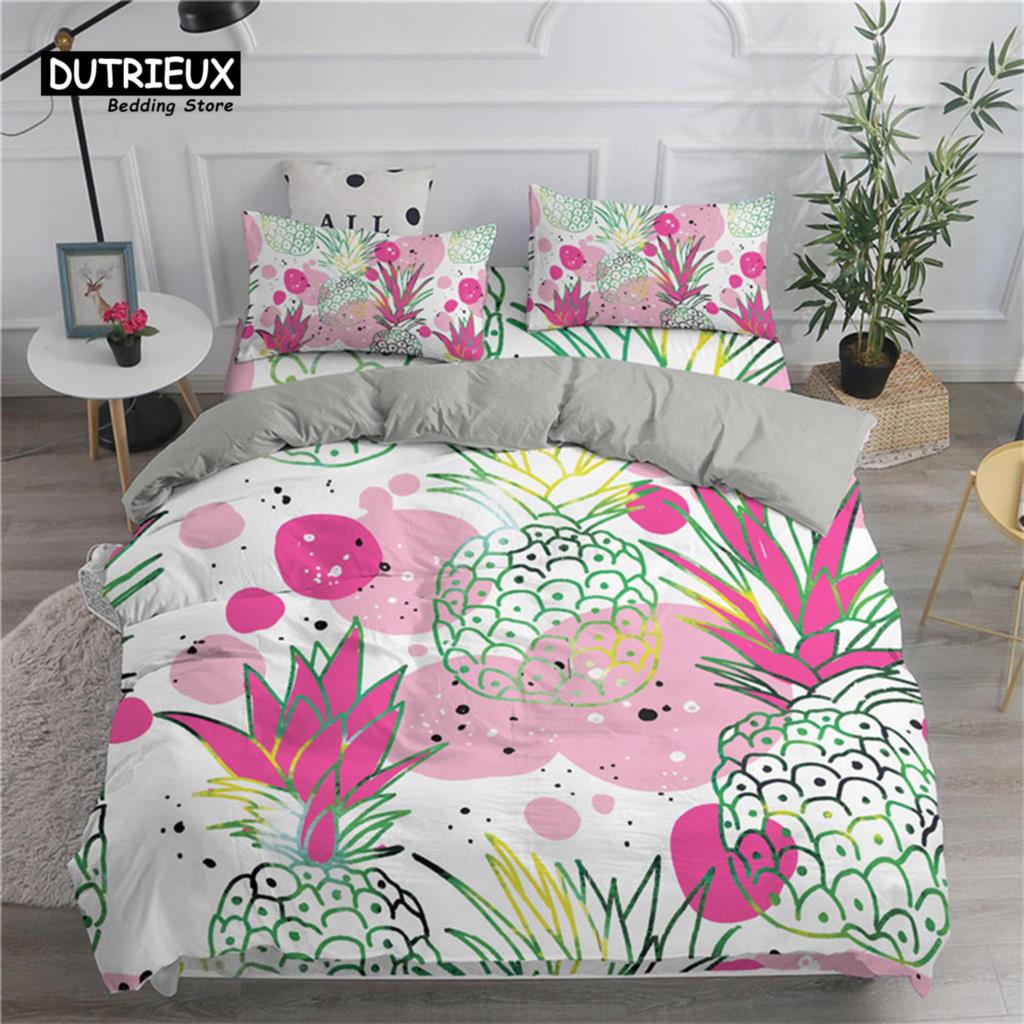 Funny Tropical Fruit Bedding Set Microfiber Pineapple Pear Geometric Pattern Duvet Cover With Pillowcases For Kids Bedroom Decor