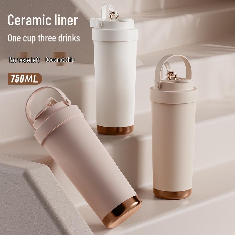316 Ceramic Liner Thermos Cup for Female Students - Portable Travel Coffee Cup with Double Drink and Straw.