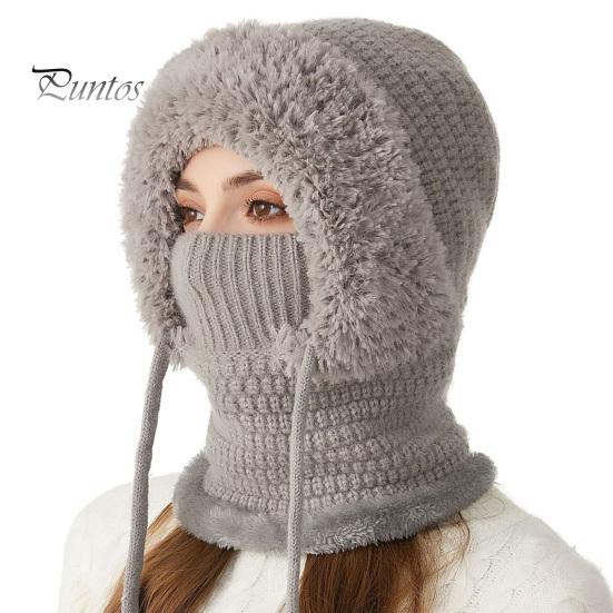 Women Winter Hat with Integrated Scarf Cold-proof Front Cover Thick Knitted Warm Solid Color Full Protection Outdoor Cycling Travel Cold Weather Cap