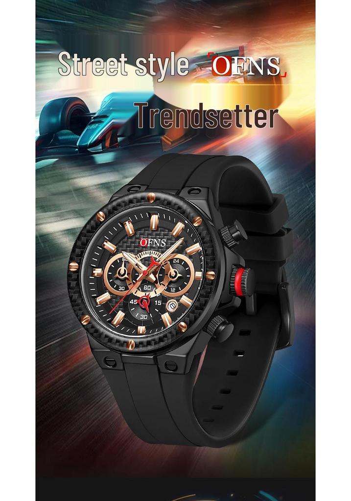 OFNS Men's Multifunctional Waterproof Quartz Watch with Calendar and Six-Hand Chronograph, Silicone Strap.