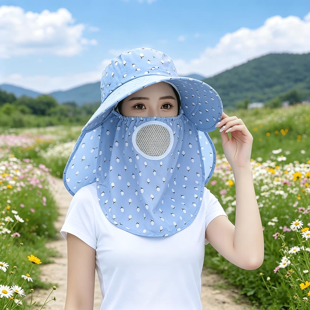 Wide-brimmed Purple Floral Sun Hat Detachable Face Mask Design, Breathable Lightweight Anti-UV Outdoor Headwear