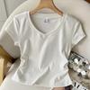 Pink V-neck Girl's Shoulder T-shirt Women's Summer Card Waist Pleated Thin Niche Hot Girl Short-sleeved Top