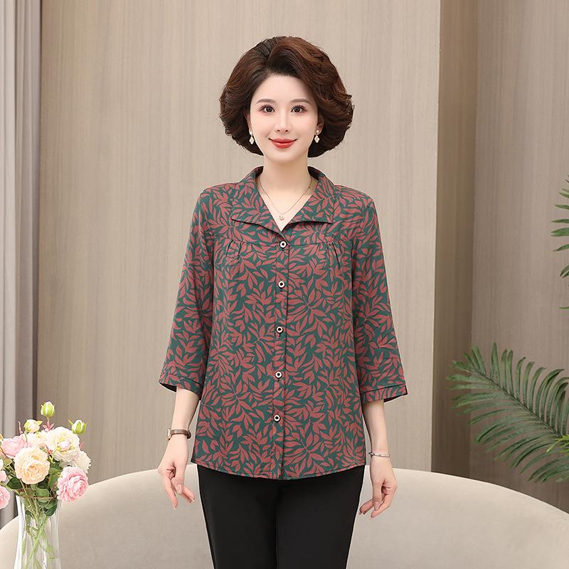 Middle-aged and Elderly Long-sleeved Shirt Women's Style Grandma's Cotton Silk Shirt Plus Size Fat Mother's Spring and Summer Loose Top