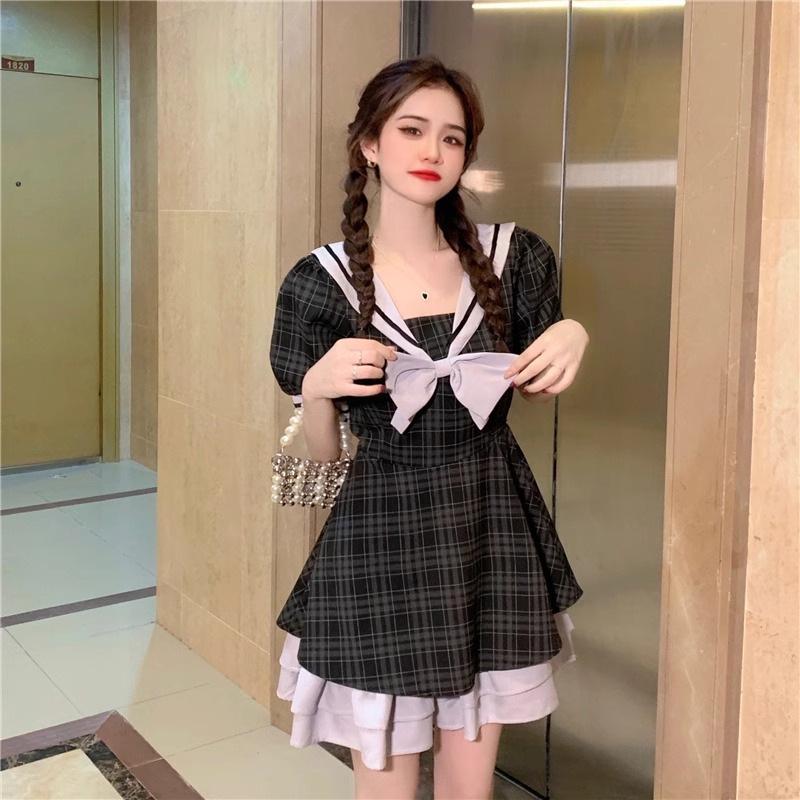 Plus Size Plaid Bow Patchwork A-Line Dress – Slimming, Waist-Cinching, College Style Mini Skirt for Women