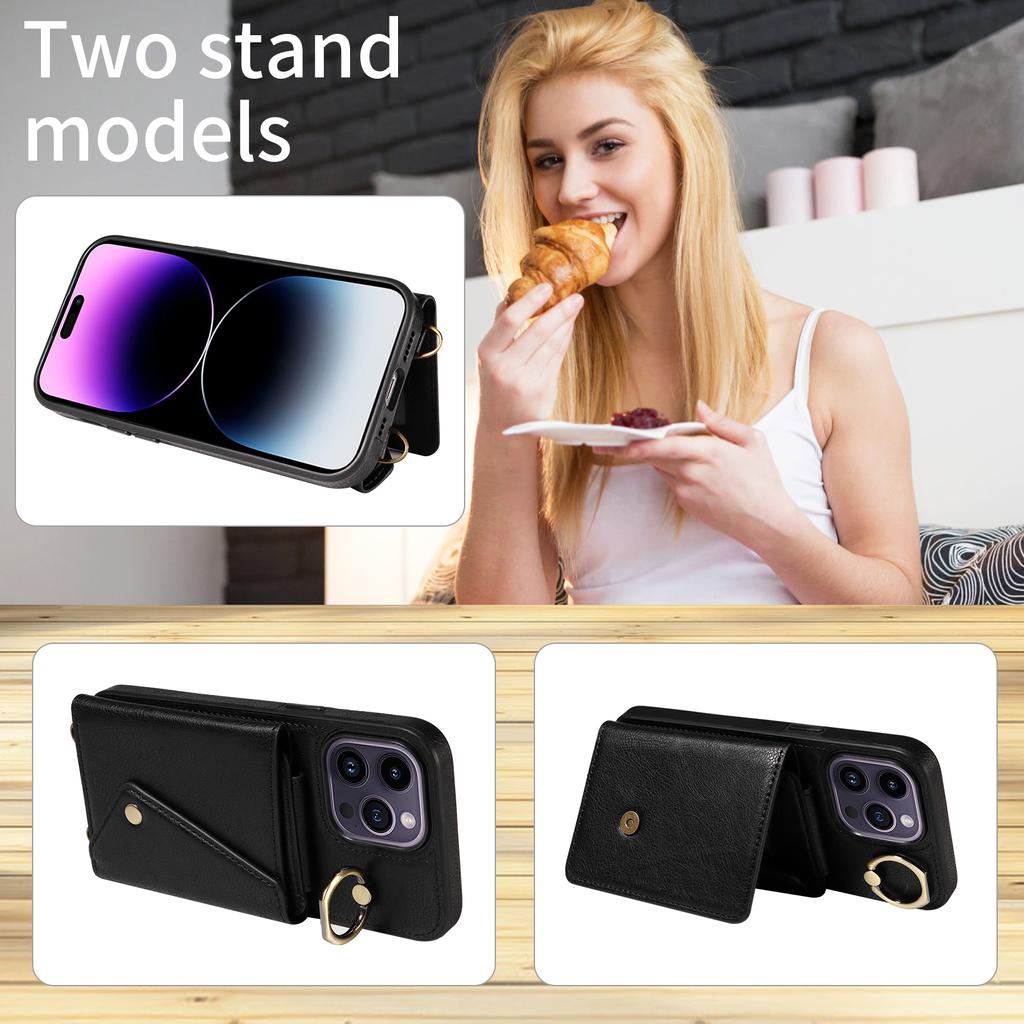 For iPhone 14 Series.for iPhone 14,14 Plus,14 Pro,14 Pro Max Shoulder Strap Rope Ring Bracket Design Card Holder Slots Lichee Pattern Cover Phone Case