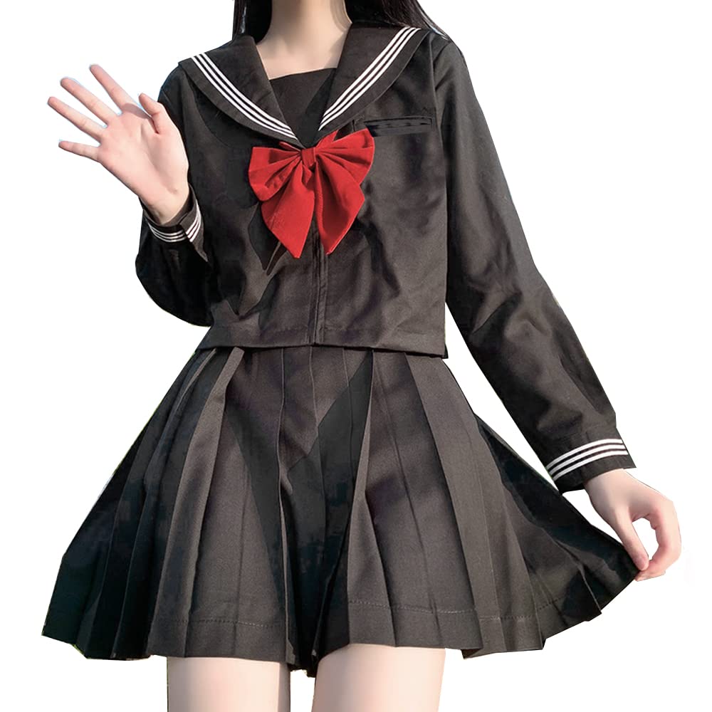 

[City Sea Sky] Матросская форма, длинный рукав, комплект из 3 предметов, униформа, юбка, красная лента, школьная форма для девочек старшей школы, женская форма, школьная форма,