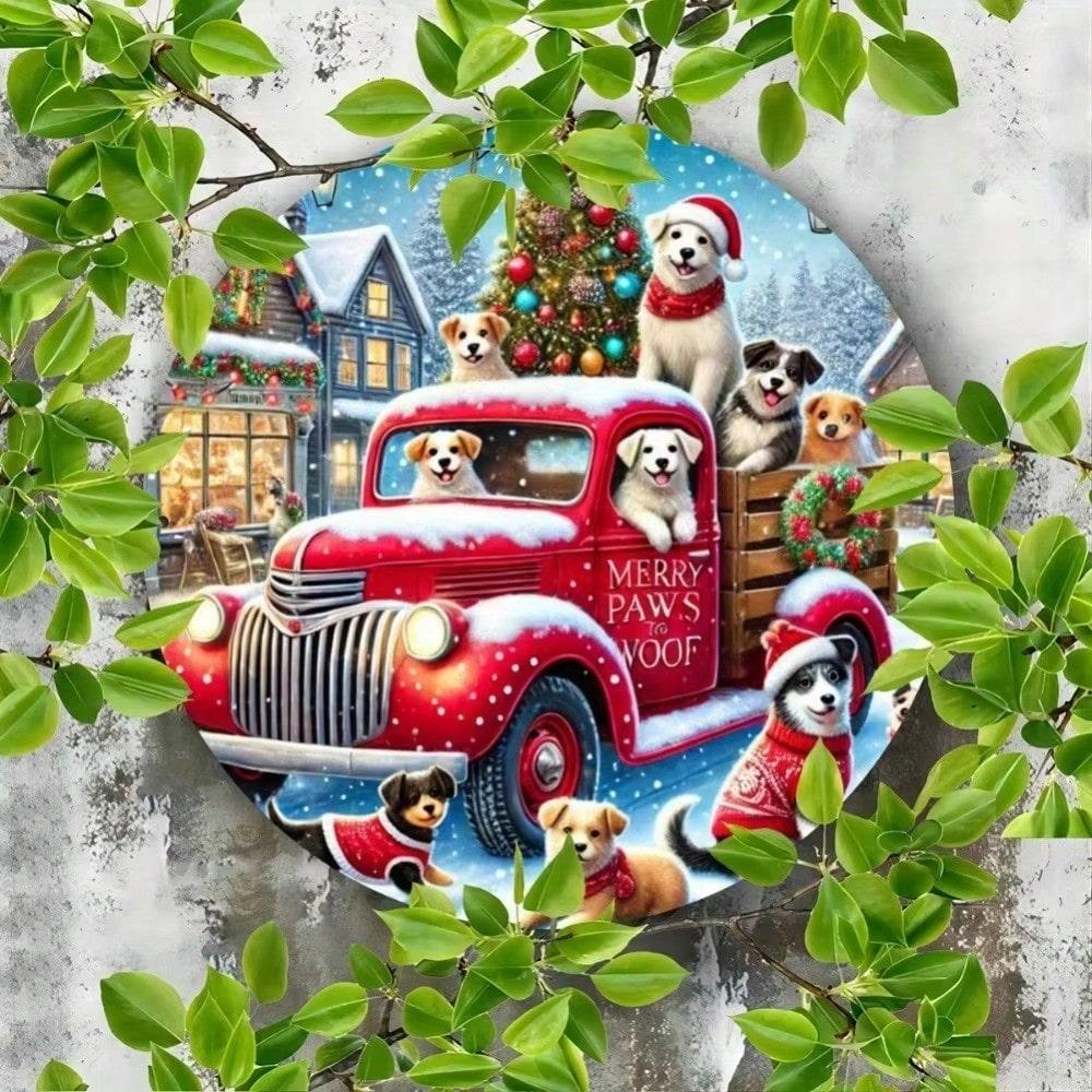 Vintage Metal Round Truck Sign 8x8 Inch Rustic Christmas Wall Decor with Dog Wreath