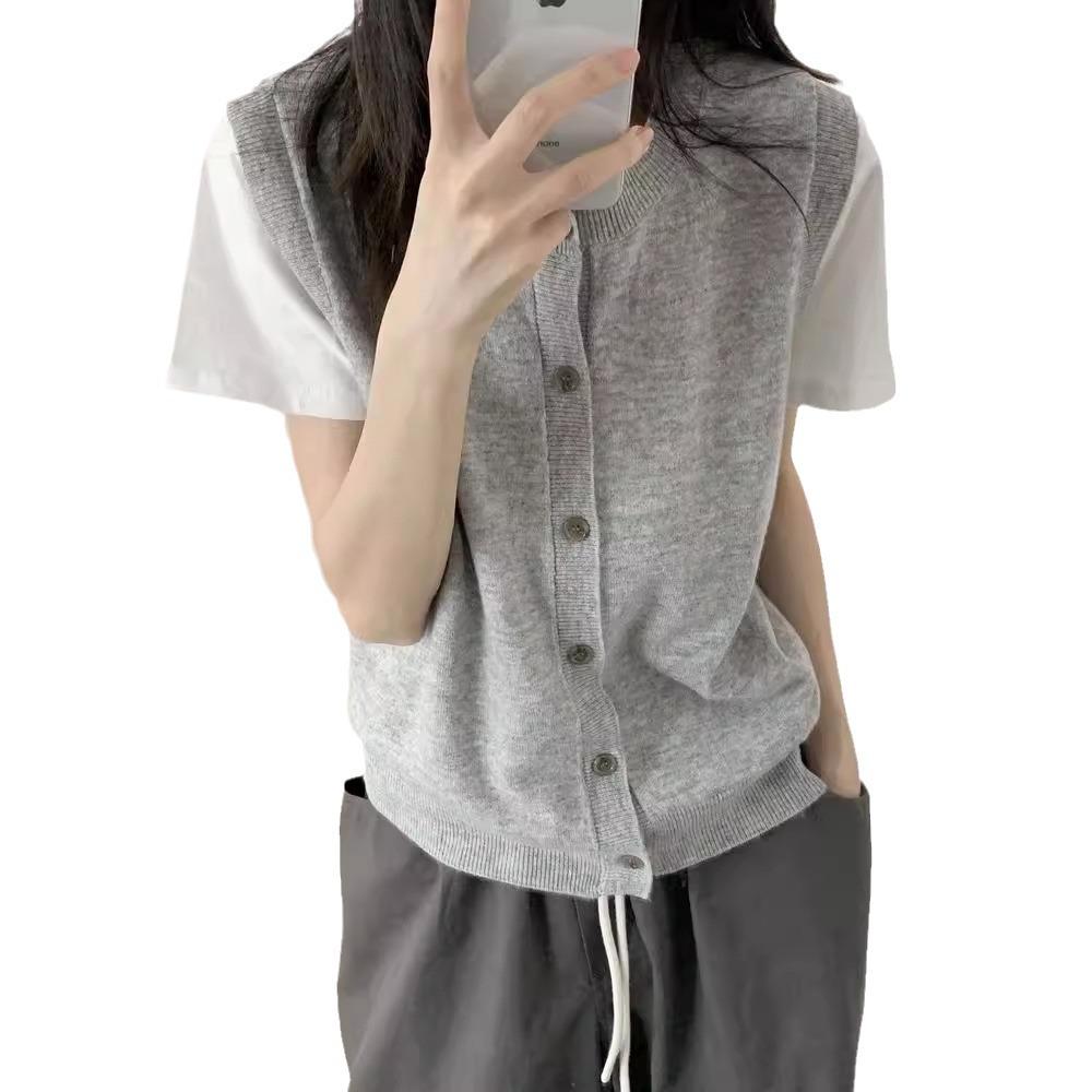 Damen Graue Minimalistische Lagenwolle Strickweste - Frühjahr 2024 Kollektion