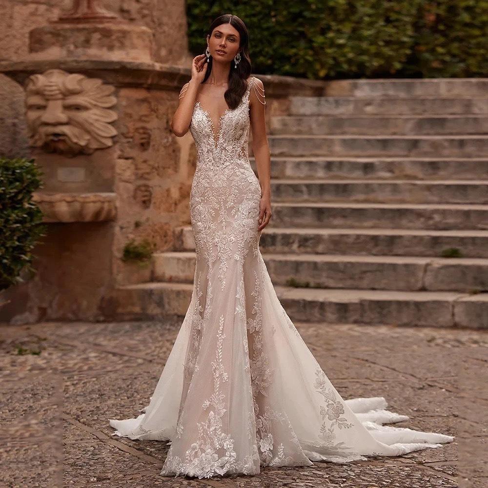 Premium Light Luxury European and American Hollow Lace Sexy Thin Suspender Evening Dress Mermaid Trailing Light Wedding Dress New
