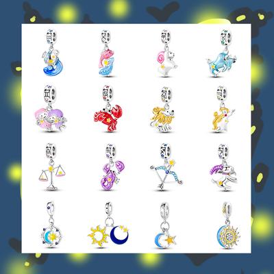 Seria Luminous Charms 925 Srebro Sterling 12 Konstelacji Słońce Księżyc Gwiazda Charm Koraliki Pasują Oryginalna Bransoletka DIY Prezent