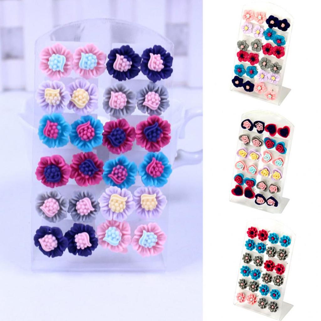 12 Pairs Fashion Multicolor Resin Flower Ear Stud Earrings Set Women Jewelry