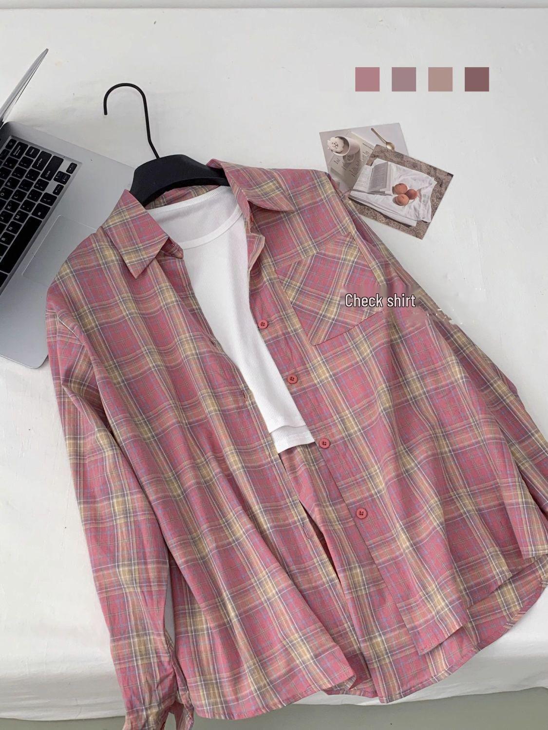 

Женская розовая клетчатая куртка-рубашка - 99% хлопок, ленивый осенний японский стиль L (Recommended: Up to 115 lbs) розовый