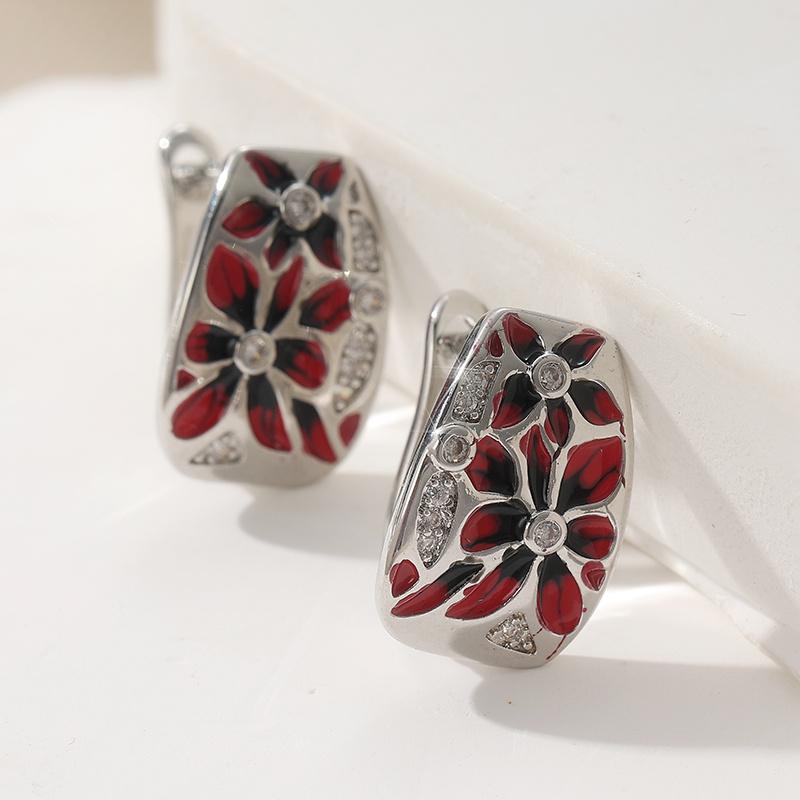 Einfache Rote Epoxidblume Geschnitzte Creolen Handgefertigte Emaille Damen Silberbeschichtete Ohrringe Hochzeitsohrringe Party Schmuck Geschenk