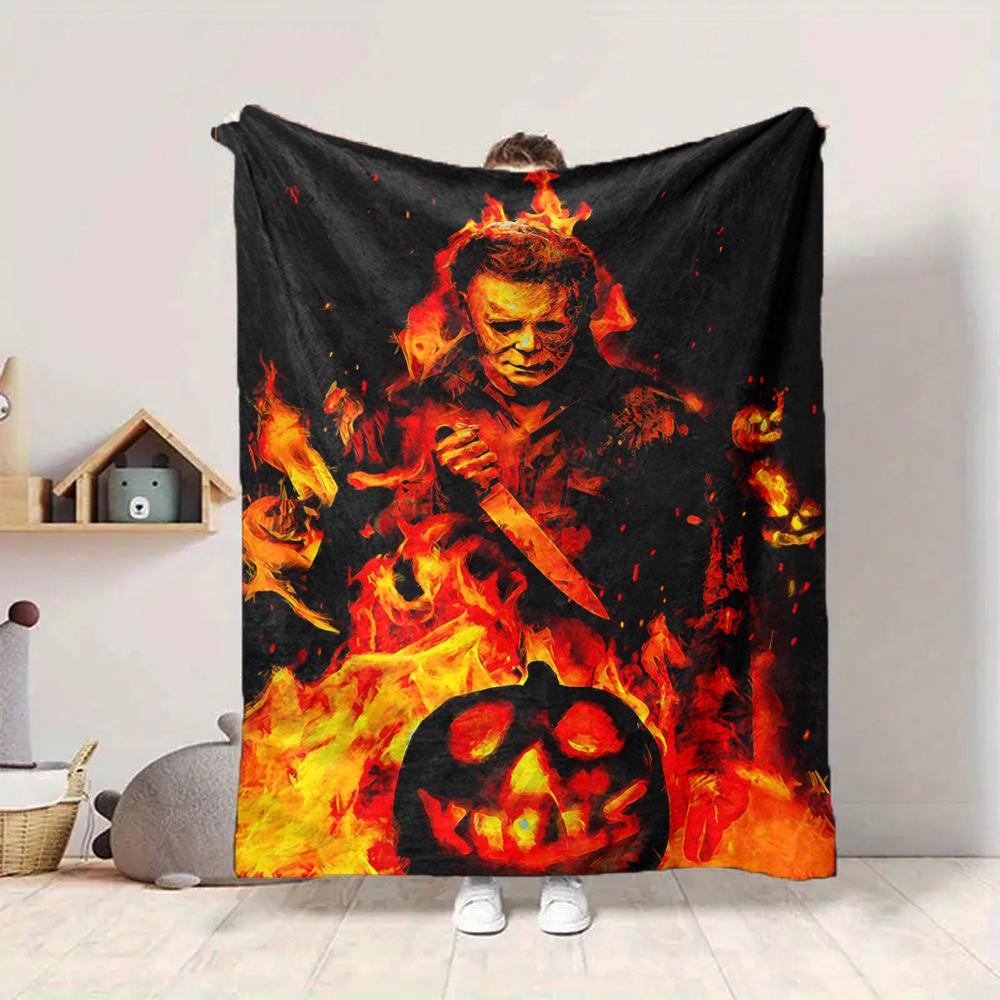 1Pc Halloween Horror Icon Flannel Blanket, Soft And Comfortable, Casual Warm, Camping Travel, Christmas, Halloween Xmas Gift L1544