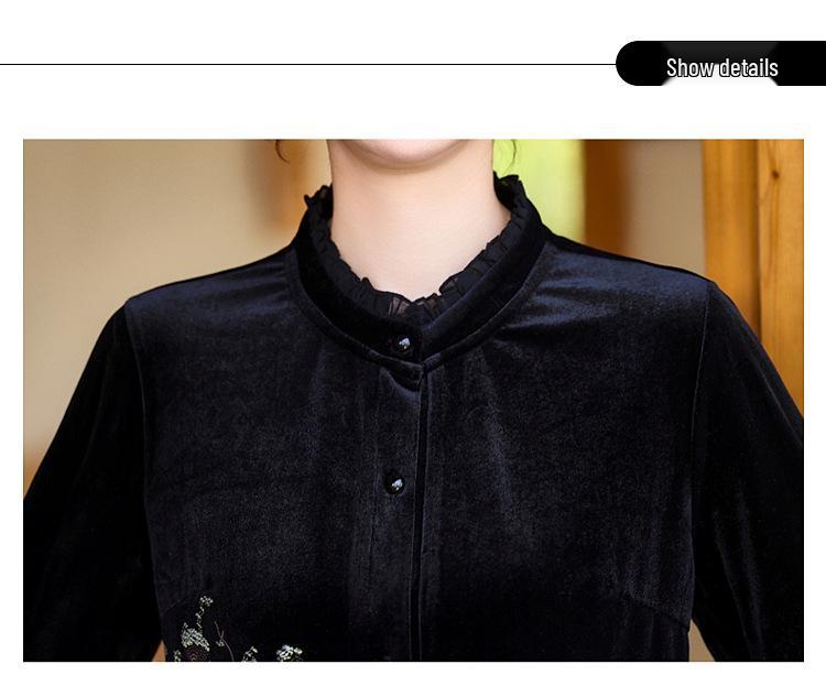 Set elegant din catifea aurie din două piese pentru primăvară și toamnă pentru femei, stil chinezesc nou pentru vârsta mijlocie și vârstnici