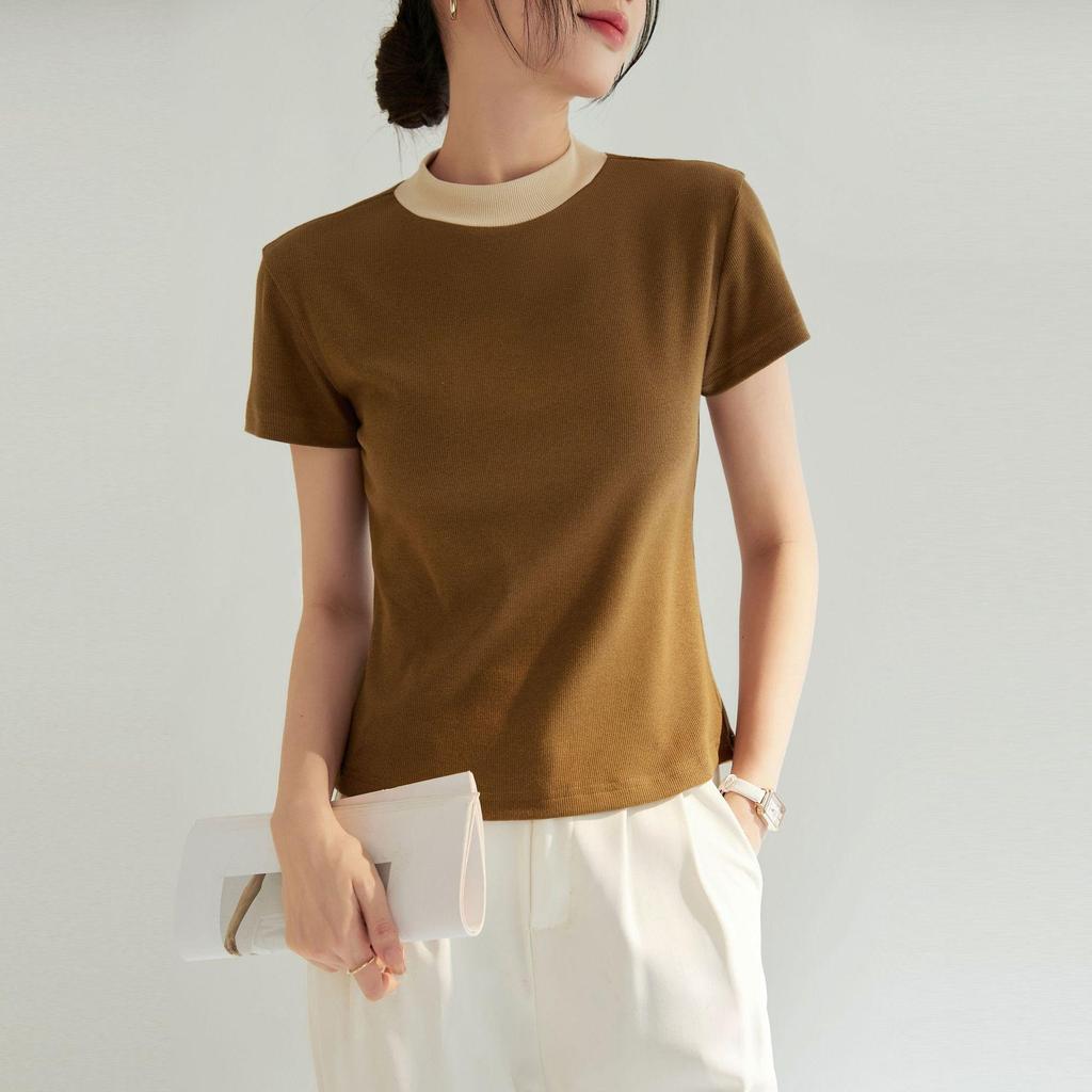 Tricou cu mânecă scurtă slim fit în stil șic franțuzesc pentru femei - Elasticitate ridicată, Atingere răcoroasă, Gât rotund, Primăvară/Vară 2025