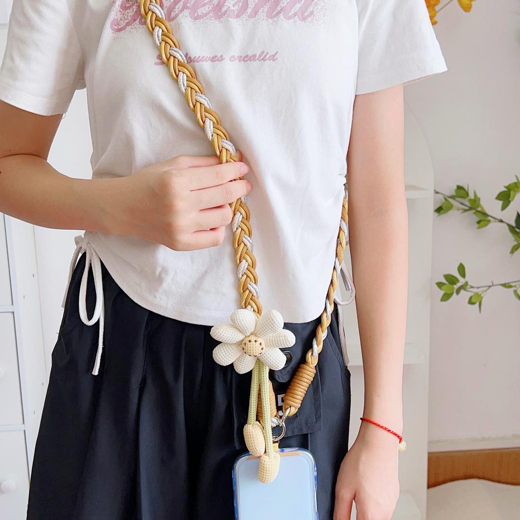 Pure Hand-Woven Universal Mobile Phone Lanyard, Long Crossbody Lanyard, Fashionable Sunflower Pendant, Thickened Lanyard