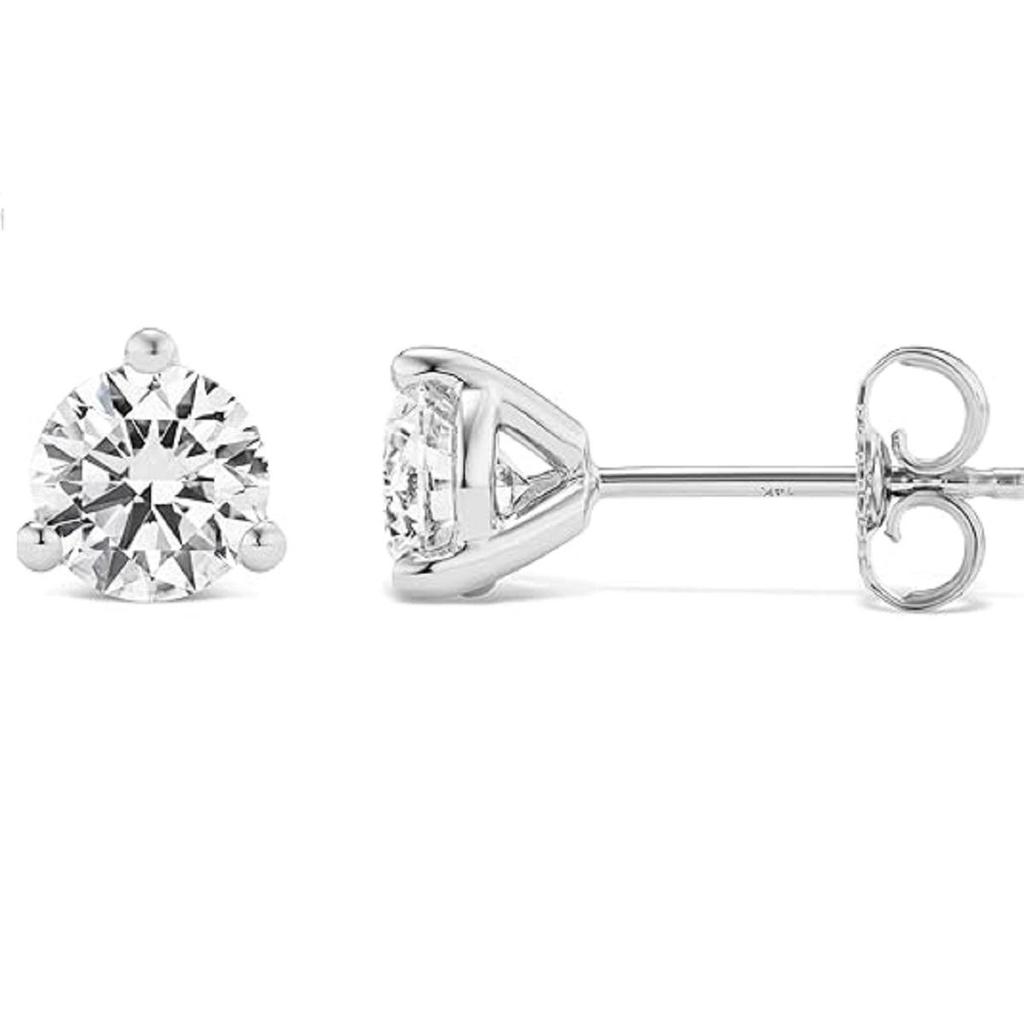 2.00 Carat Lab Grown Diamond Round Stud Earrings for Women 14k White Gold I-J Color VS1-VS2 Clarity 3-Prong Martini Setting Push Back Closure