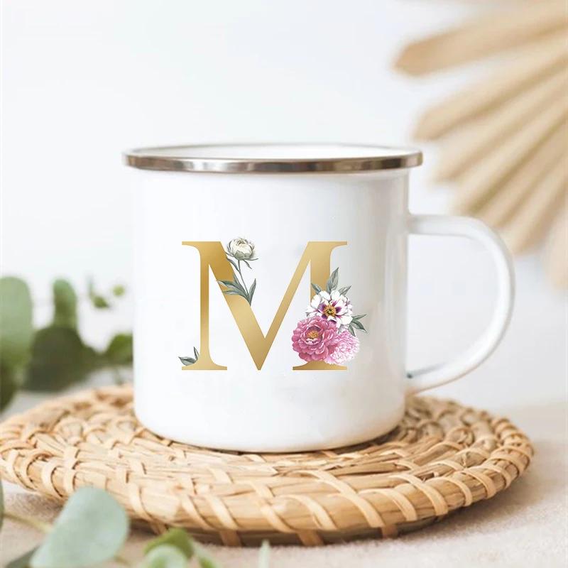 Letter Floral Print Vintage Enamel Mugs Creative Coffee Tea Cup Drink Dessert Milk Cups Handle Drinkware Wedding Bridesmaid Gift