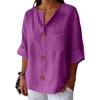 T-shirt da donna estiva nuova, larga, in cotone e lino, con scollo a V, bottoni, casual