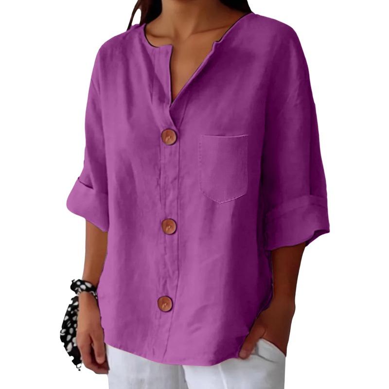T-shirt da donna estiva nuova, larga, in cotone e lino, con scollo a V, bottoni, casual