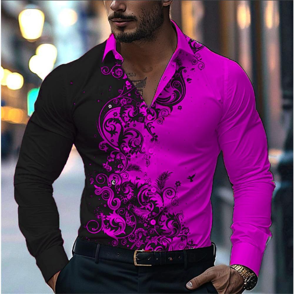 2024 New Men's Casual Street Print Pattern Shirt Fashion Casual Spring and Autumn Splicing Long Sleeved Lapel Shirt Tops