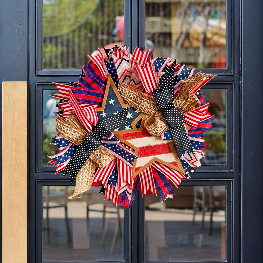 Coroană de Ziua Independenței casă patriotică stea cu cinci colțuri agățătoare de ușă din lemn atmosferă festivă inel decorativ din ratan agățătoare de perete.