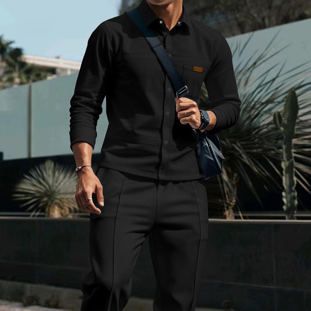 Men's Casual Waffle Knit Set: Solid Color Cardigan Jacket and Long Pants