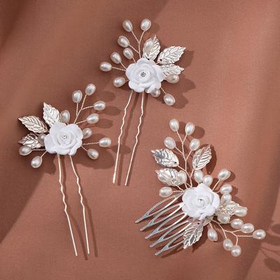 Ensemble de peignes à épingles à cheveux faits à la main de bijoux de mariée de style coréen, épingle à cheveux de mariage rétro, coiffure fleur perle, épingle en forme de U
