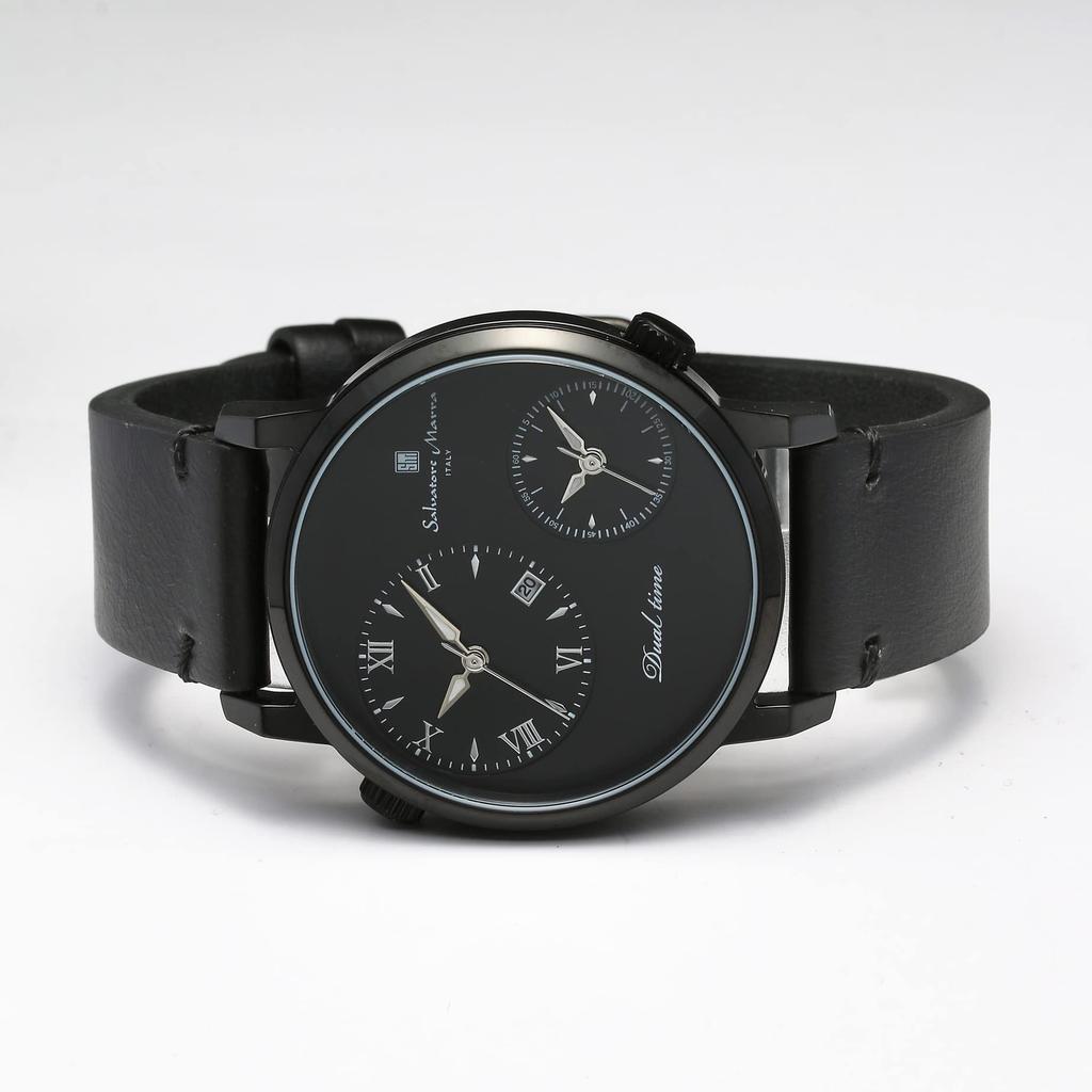 Salvatore Marra Men's and Women's Wristwatch Stainless Steel Black Analog Quartz Dual Time Business Casual Leather Belt