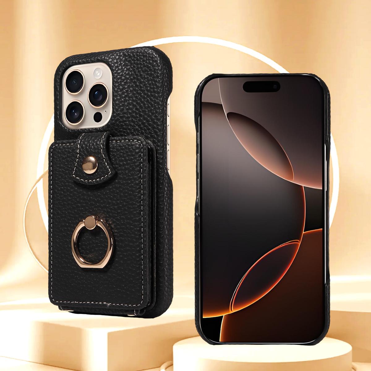 

For IPhone 16 Pro Max 15 Pro Max 14 13 12 11 Pro Max 7 8Plus 16e PU Leather Phone Case with Ring Card Slots Anti-Fall Case Artificial leather&Case & Strap&iPhone 12 mini чёрный