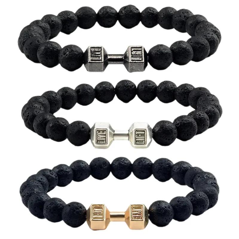 Natural Black Volcanic Lava Stone Dumbbell Bracelet Black Matte Beads Bracelets For Women Men Fitness Barbell Jewelry Pulseras