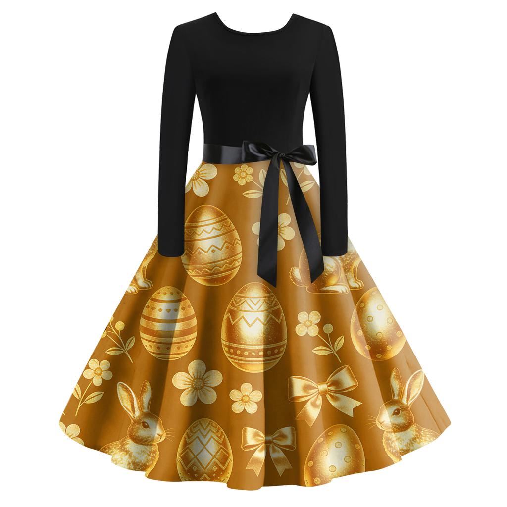 Women's Casual Fashion R-neck Long Sleeved Retro Christmas Print Retro Dress