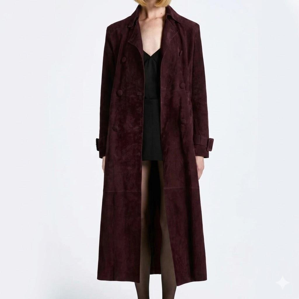 Stylish Women's Trench Coat Suede Real Lambskin Leather Wear Burgundy Handmade