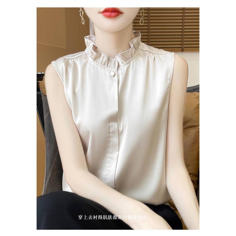 Women Beige Sleeveless Blouse With Ruffle Neck And Button Down Casual Silk Like Summer Top