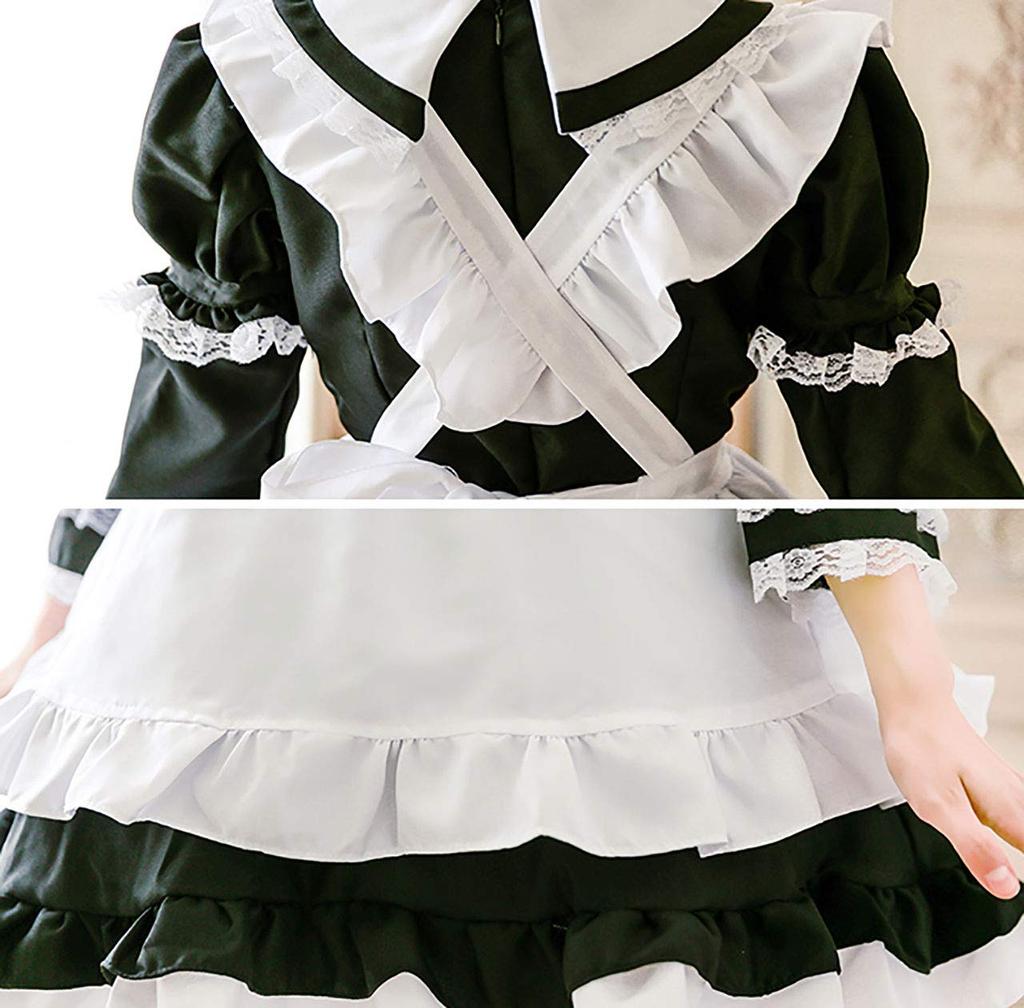[Milky Time] Maid Outfit, Choice of Colors, Short or Long Sleeves, 2-Way Design, Maid Cosplay, Halloween (Black, Size XL)