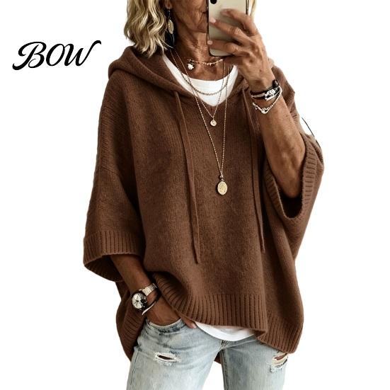 Soft Knit Sweater Autumn Women Pullover Sweater, Loose Fit Drawstring Hooded 3/4 Sleeve Drop Shoulder Solid Color Casual