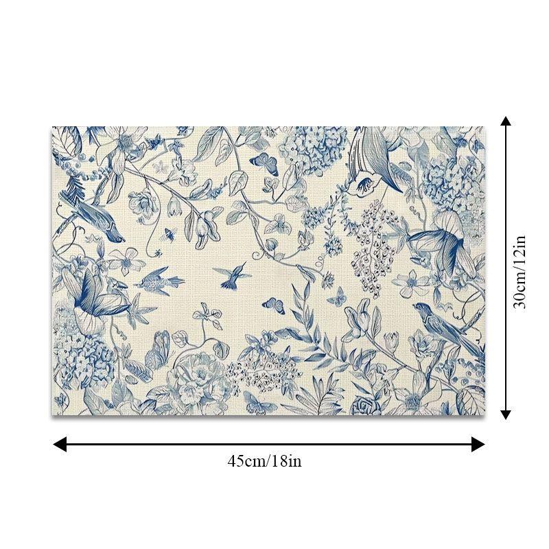 6Pcs, French-Style Blue and White Porcelain Flower and Bird Placemats, Washable, Suitable for Holiday Parties, Home Decoration