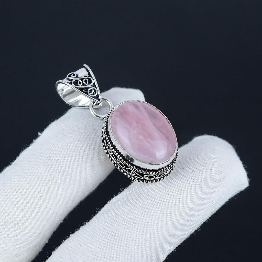 Natural Rose Quartz Gemstone Silver Pendant in 925 Sterling Silver - Handmade Oval Design, Everyday Wear Jewelry Father's Day Gift
