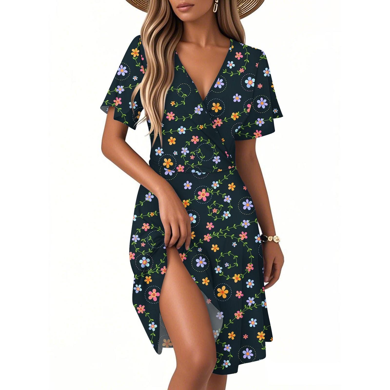 

Жіноча повсякденна модна сукня вінтажна квіткова квіткова сукня з короткими рукавами та V-подібним вирізом M Темно-синій