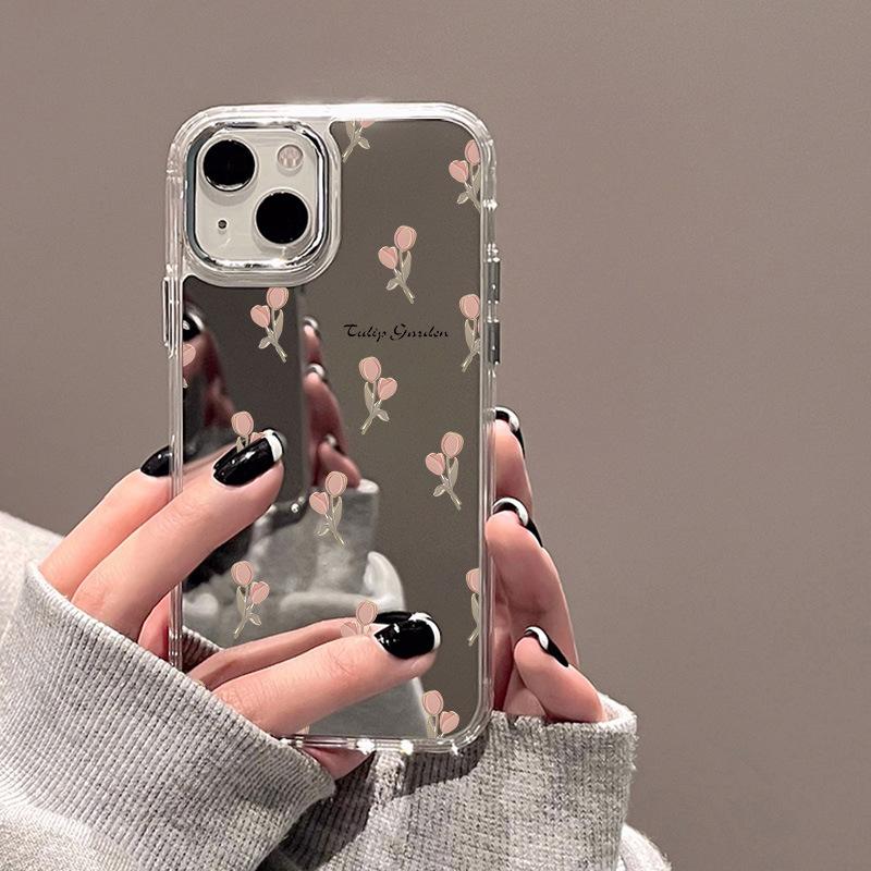 Applicable iPhone17ProMax pink tulip mirror phone case 16 Apple 13/14 large hole 15 niche x