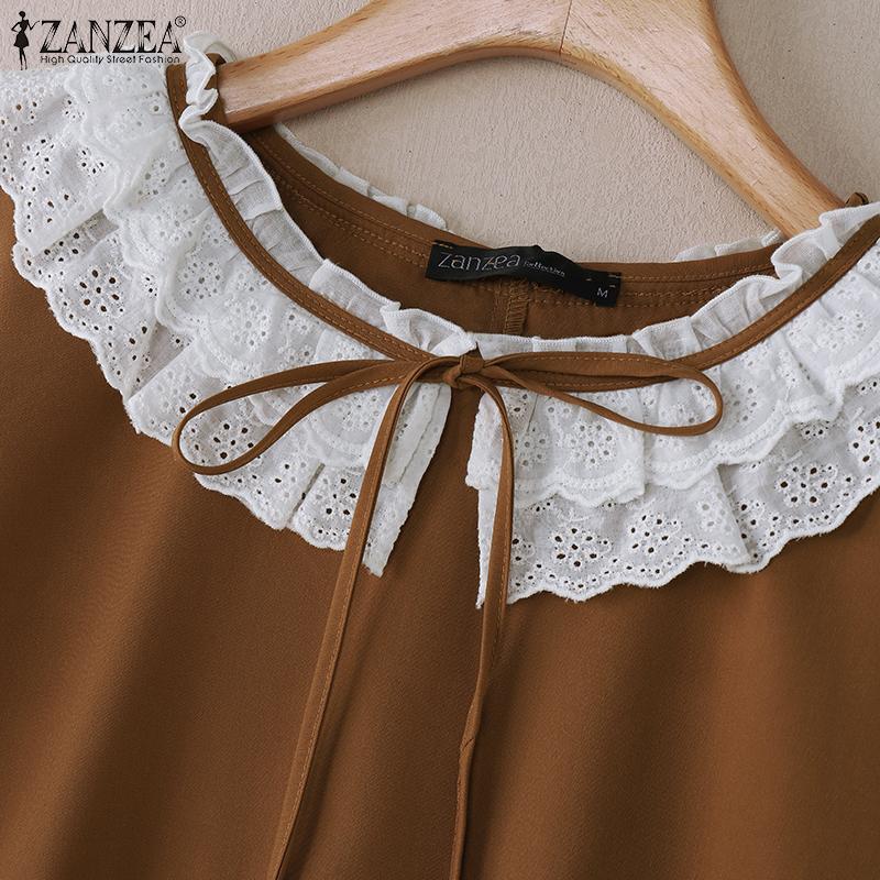 ZANZEA Dámská krajková háčkovaná halenka s kulatým výstřihem, volná, s dlouhým rukávem