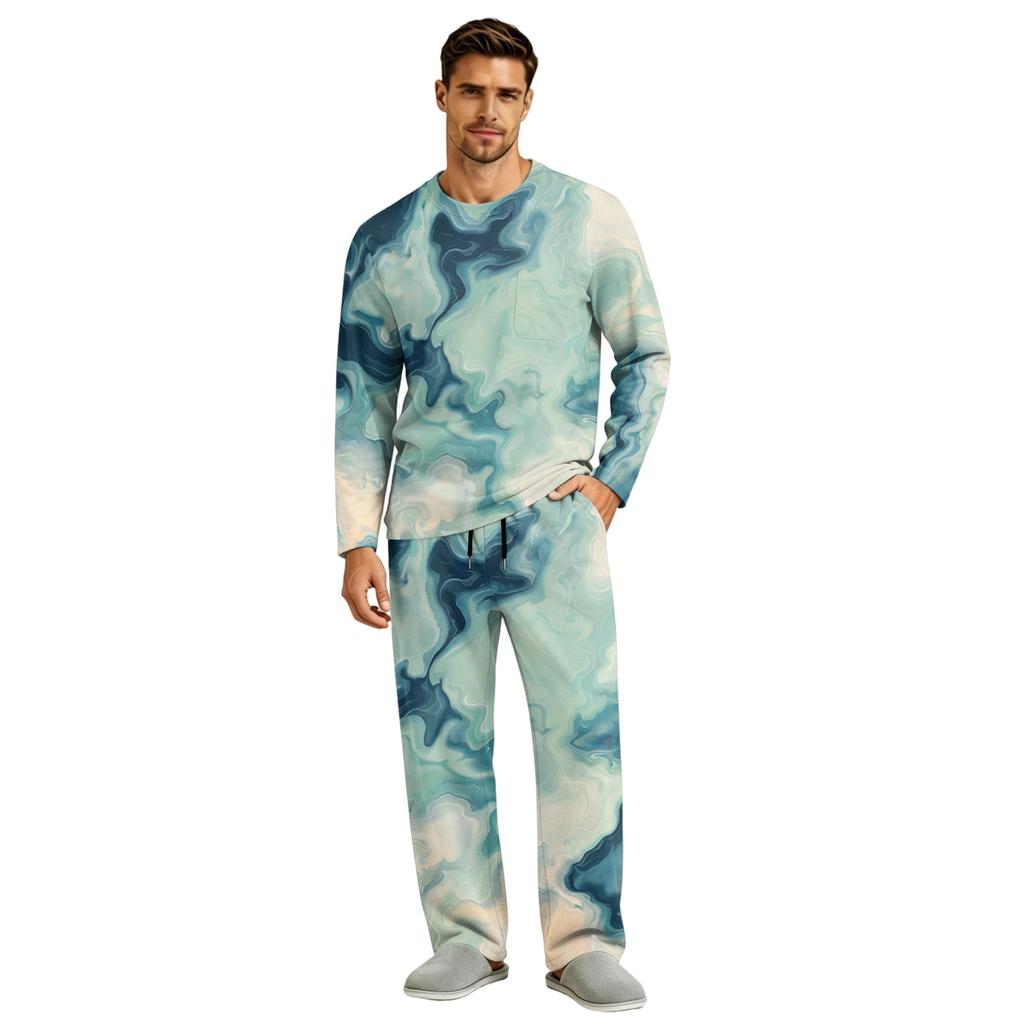 Men's Pajama Set Long Sleeve Top and Pants with Button Fly and Elastic Drawstring Waist