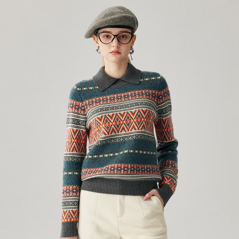 Zhaojun Women's Fair Isle 100% Cashmere Crewneck Sweater