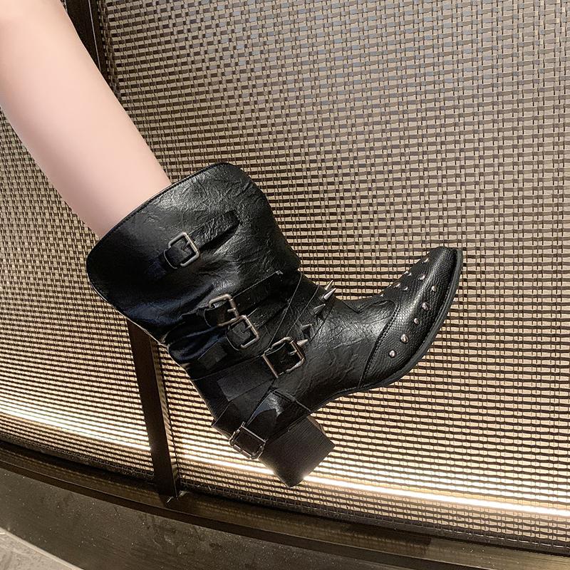 Fashion 2025 New Long-Tube Boots Women's Pointed Toe Block Heel Studded Knight Boots